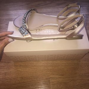 dalinda champagne satin rhinestone flat sandals